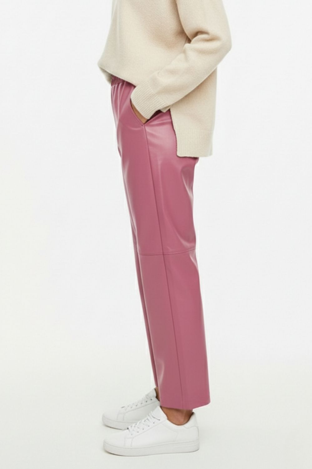 Mizalle Deri Görünümlü Pembe Jogger Pantolon - 3