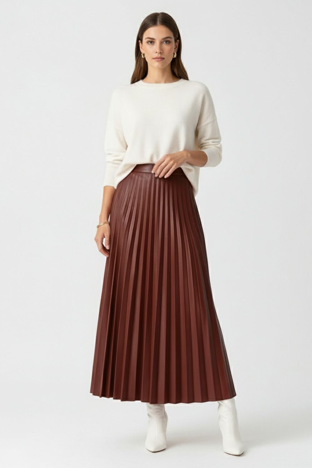 Mizalle Deri Görünümlü Piliseli Bordo Maksi Etek - Mizalle