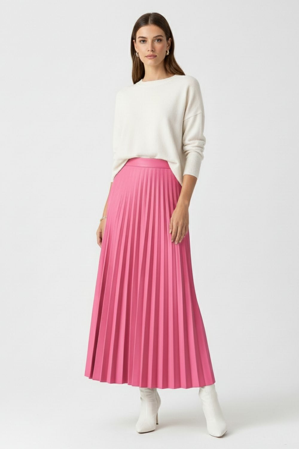 Mizalle Deri Görünümlü Piliseli Pembe Maksi Etek - Mizalle