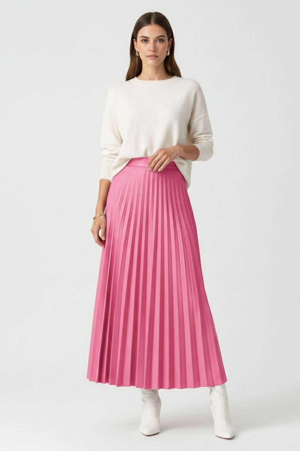 Mizalle Deri Görünümlü Piliseli Pembe Maksi Etek - 3