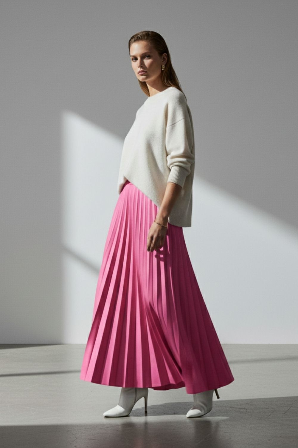 Mizalle Deri Görünümlü Piliseli Pembe Maksi Etek - 2