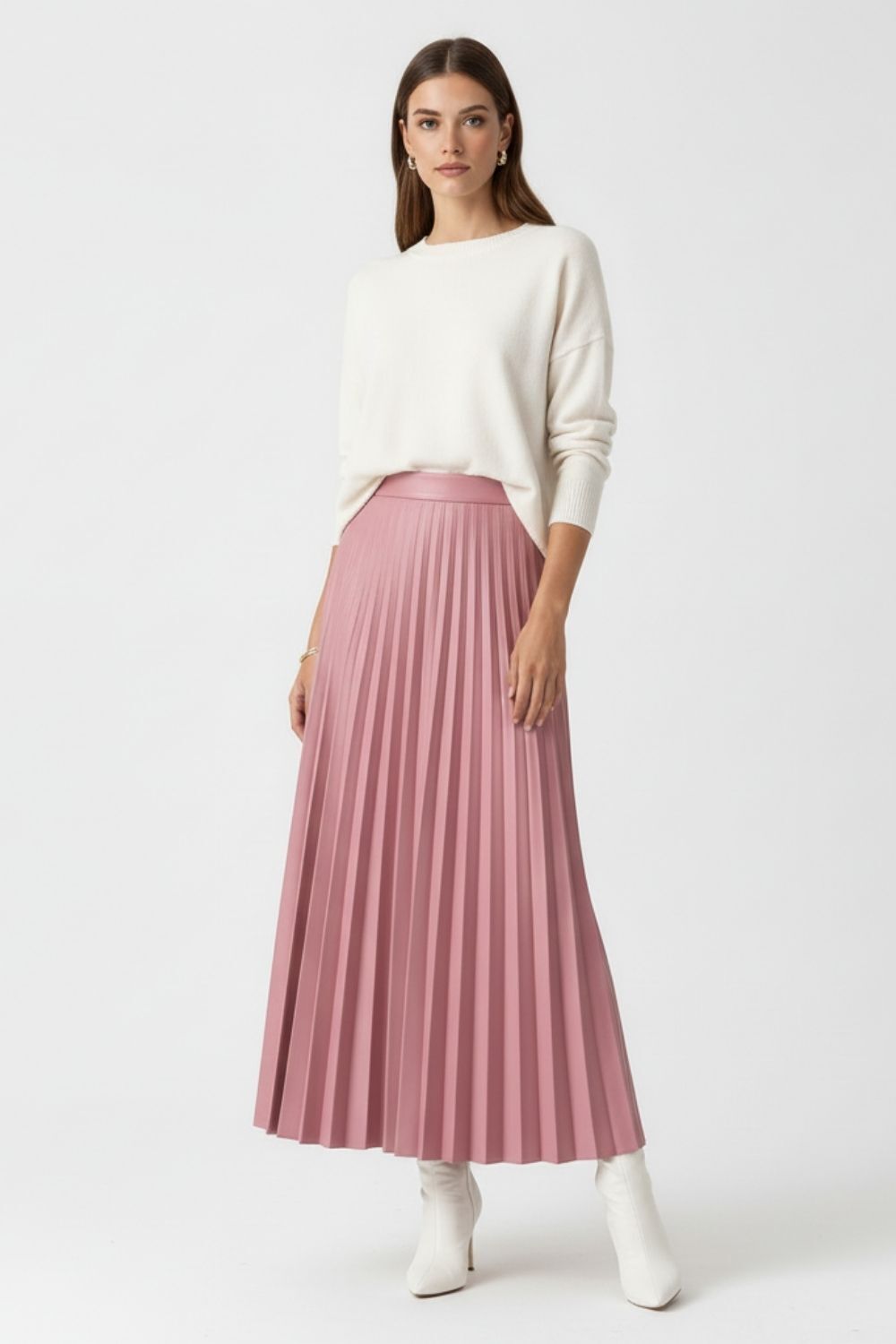 Mizalle Deri Görünümlü Piliseli Pudra Maksi Etek - 2