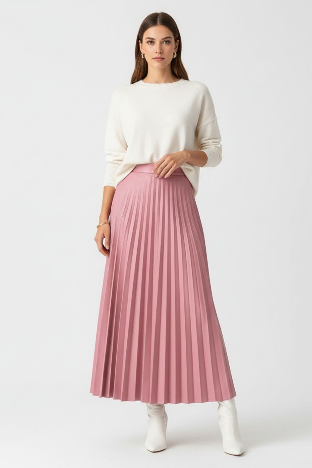 Mizalle Deri Görünümlü Piliseli Pudra Maksi Etek - Mizalle