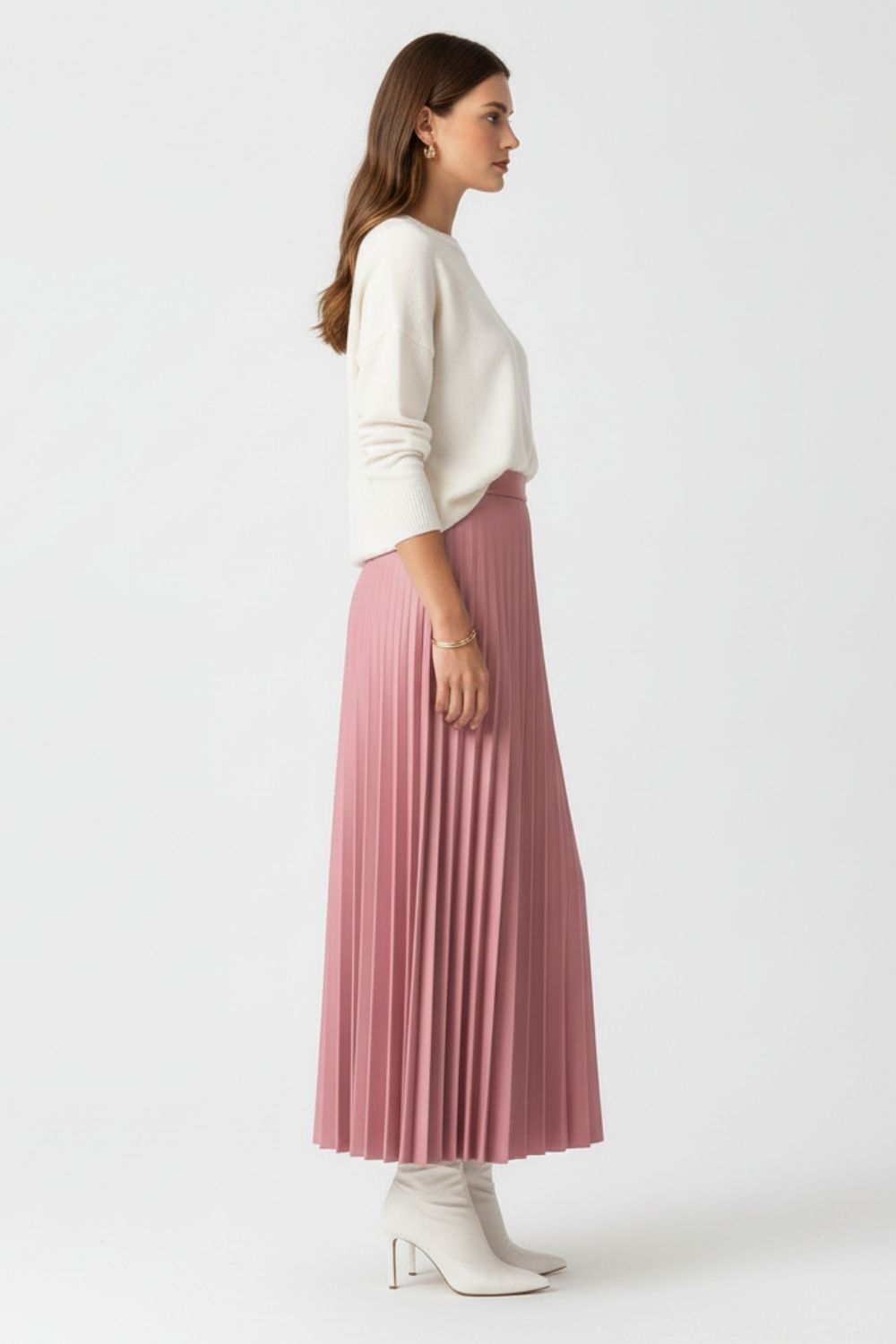 Mizalle Deri Görünümlü Piliseli Pudra Maksi Etek - Mizalle