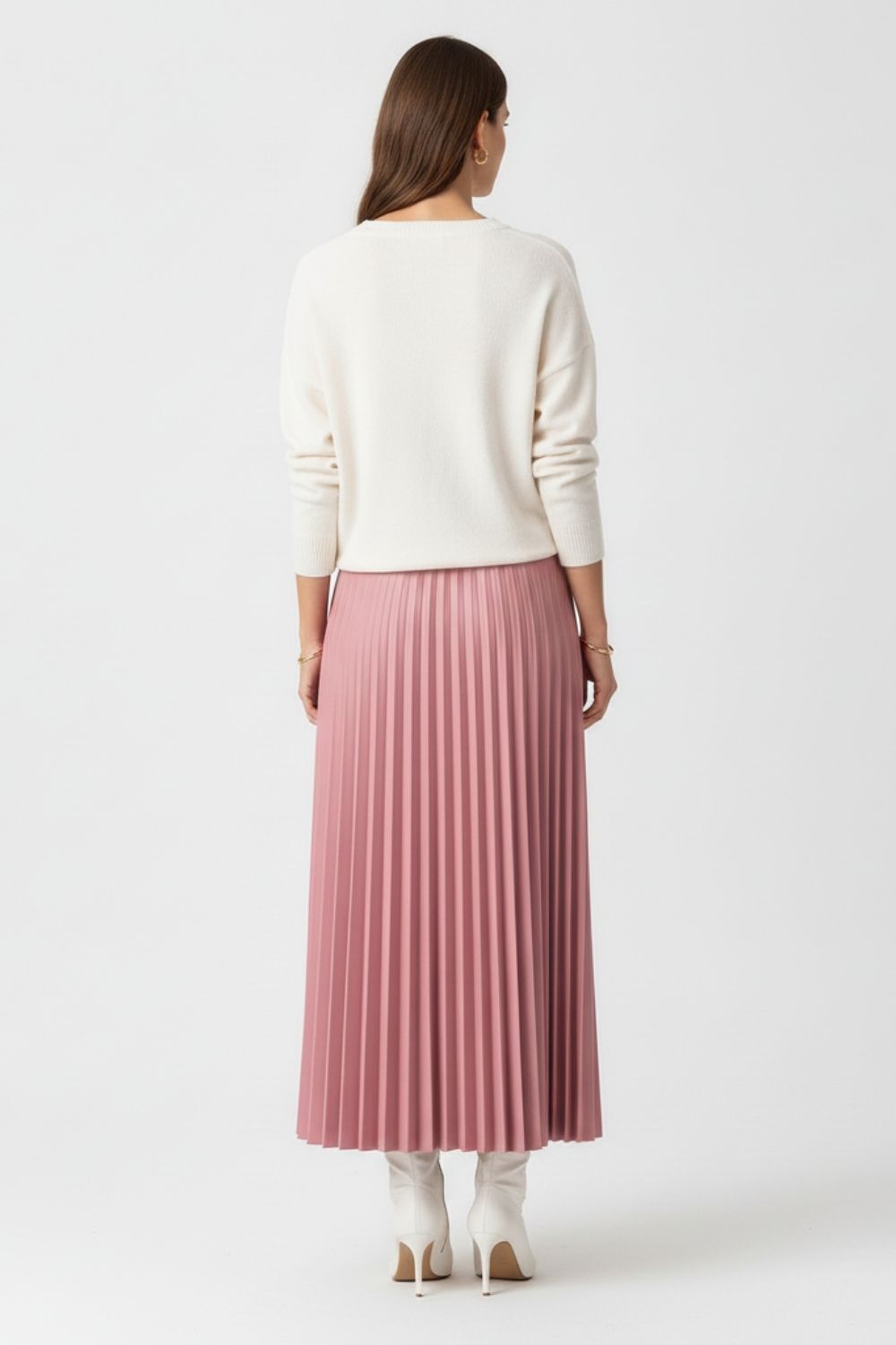 Mizalle Deri Görünümlü Piliseli Pudra Maksi Etek - Mizalle