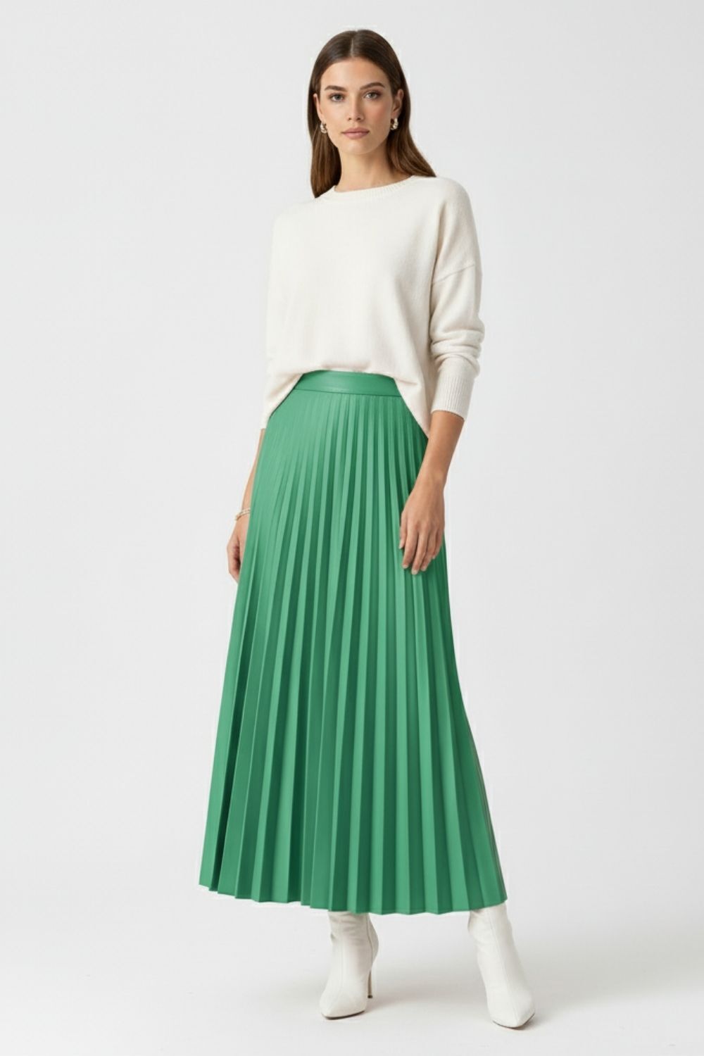 Mizalle Deri Görünümlü Piliseli Yeşil Maksi Etek - 2