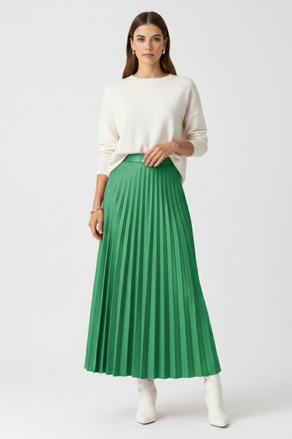 Mizalle Deri Görünümlü Piliseli Yeşil Maksi Etek - 3