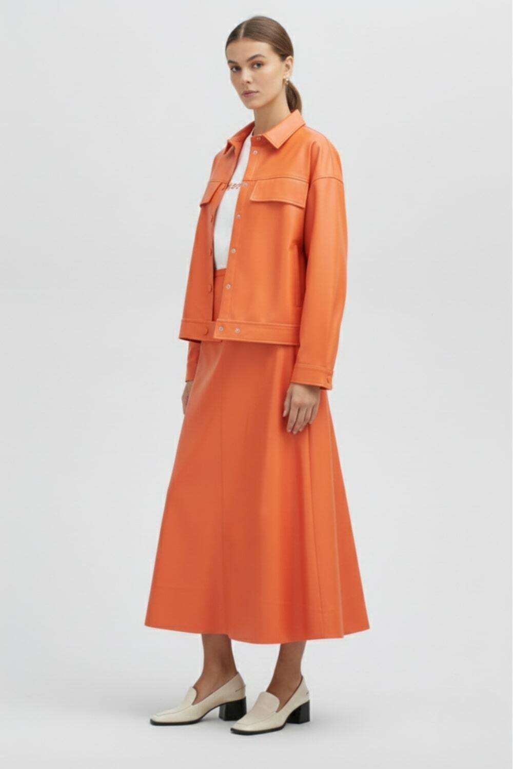 Mizalle Deri Görünümlü Turuncu Ceket Gömlek - Mizalle