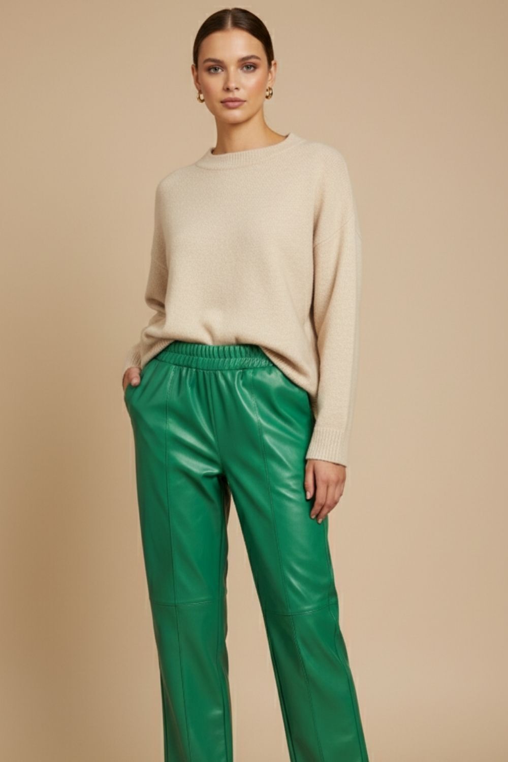 Mizalle Deri Görünümlü Yeşil Jogger Pantolon - 1