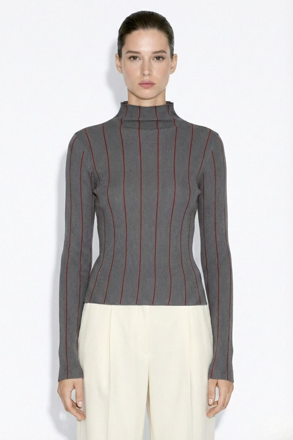 Mizalle Dik Yaka Antrasit Bordo Çizgili Triko Kazak - Mizalle