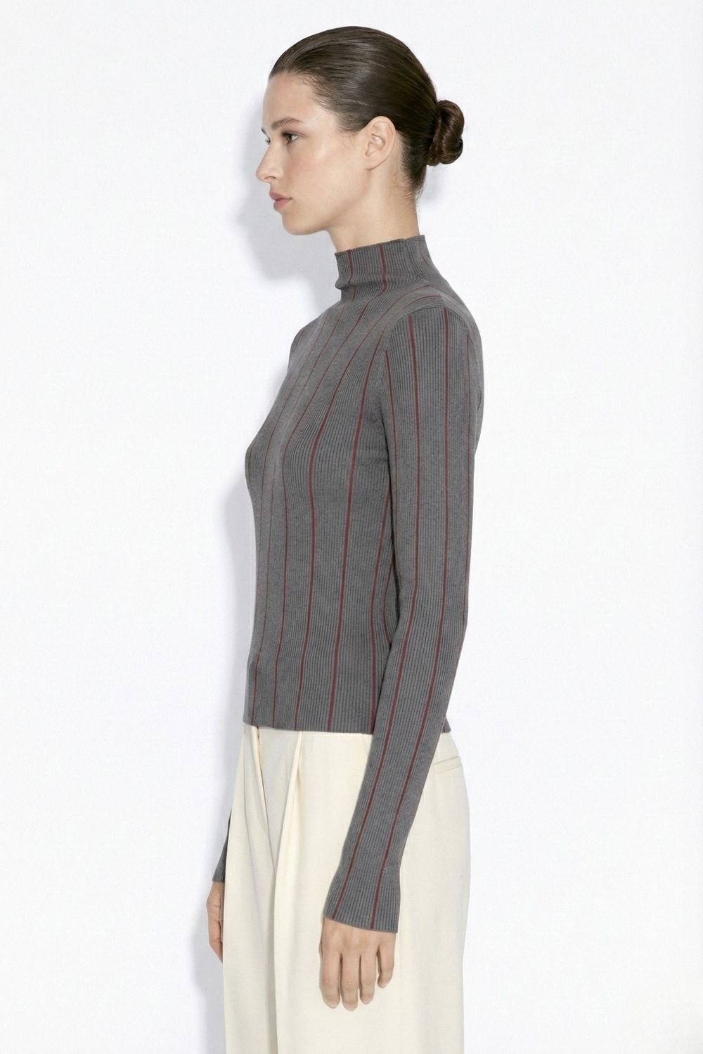 Mizalle Dik Yaka Antrasit Bordo Çizgili Triko Kazak - 2