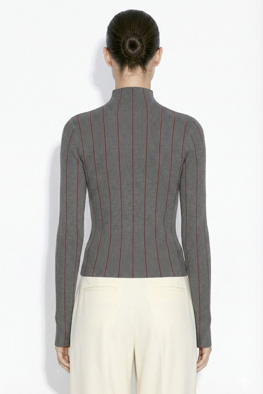 Mizalle Dik Yaka Antrasit Bordo Çizgili Triko Kazak - Mizalle