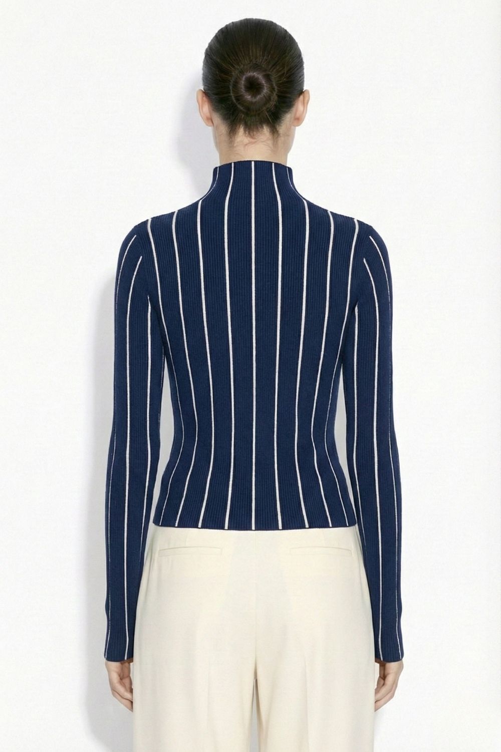 Mizalle Dik Yaka Lacivert Ekru Çizgili Triko Kazak - 3