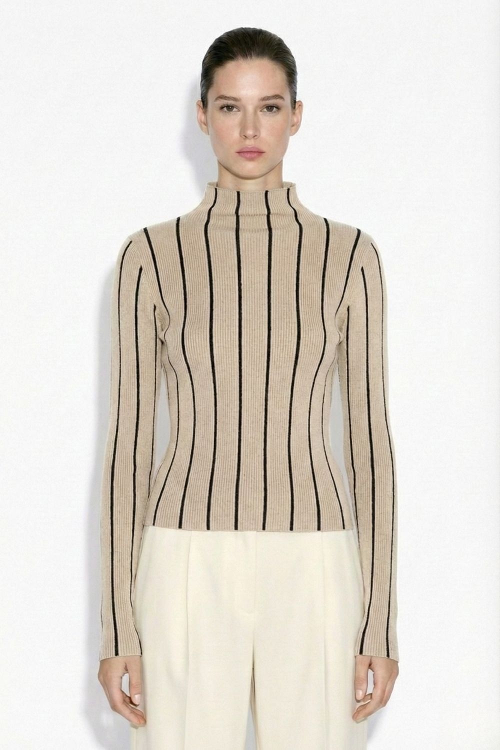 Mizalle Dik Yaka Vizon Siyah Çizgili Triko Kazak - 1