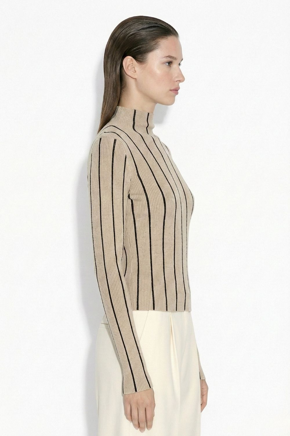 Mizalle Dik Yaka Vizon Siyah Çizgili Triko Kazak - 2