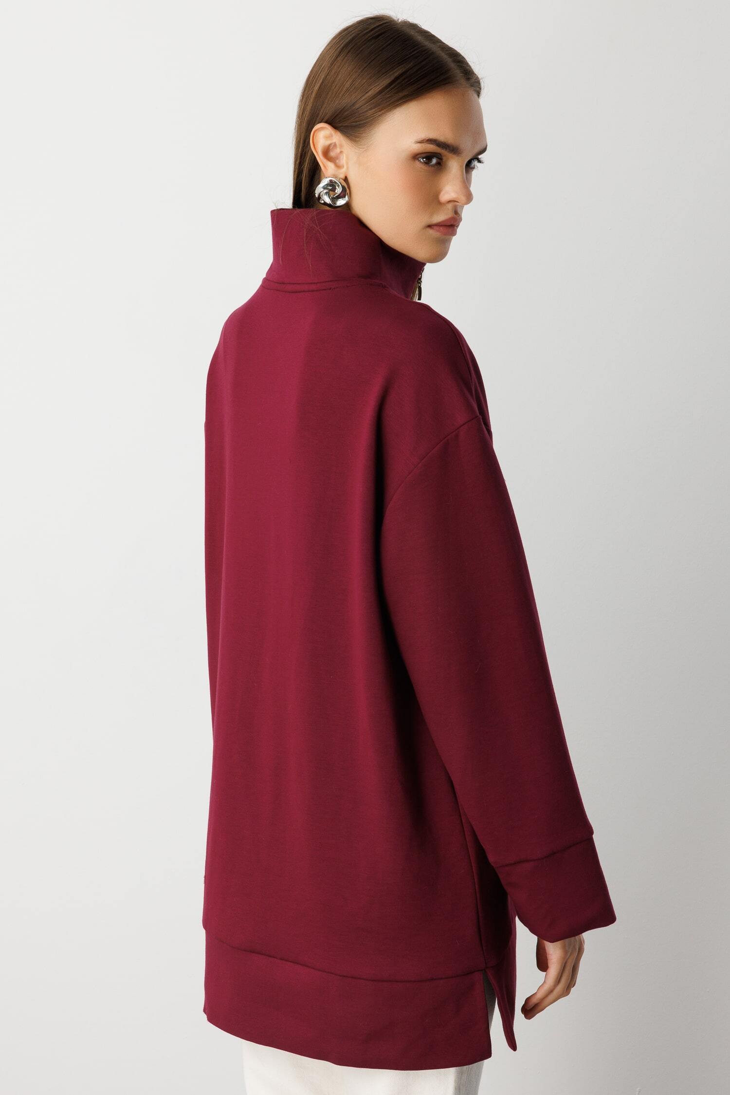 Mizalle Dik Yaka Yarım Fermuarlı Yumuşak Dokulu Bordo Sweatshirt - Mizalle