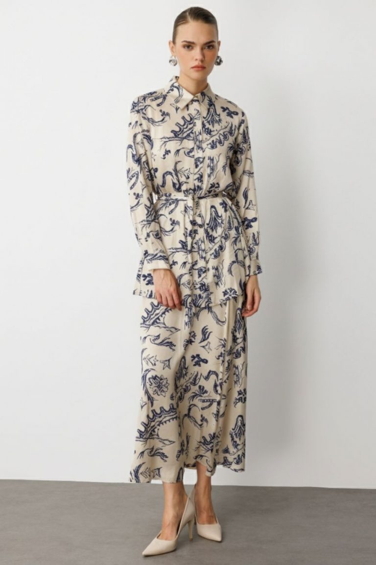 Mizalle Ekru Desenli Kuşaklı Saten Uzun Gömlek Tunik - Mizalle