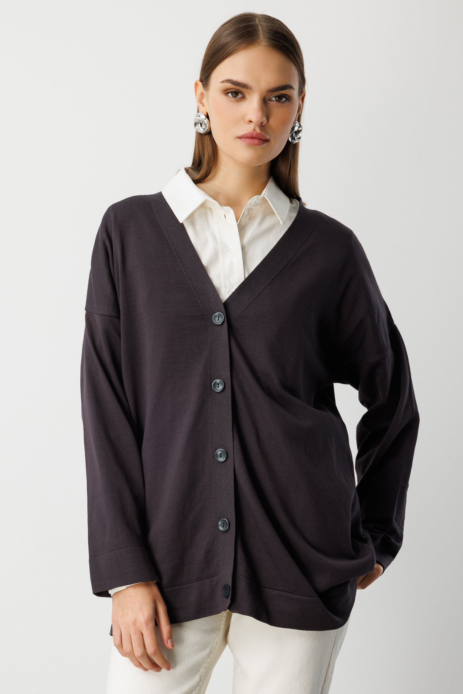 Mizalle - Mizalle Ekstra Oversize Düşük Kol Basic Antrasit İnce Triko Hırka