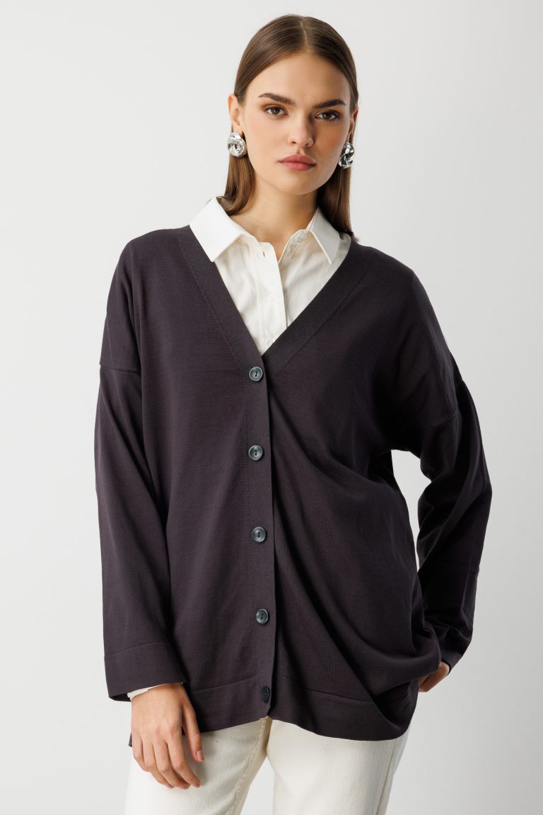 Mizalle Ekstra Oversize Düşük Kol Basic Antrasit İnce Triko Hırka - Mizalle