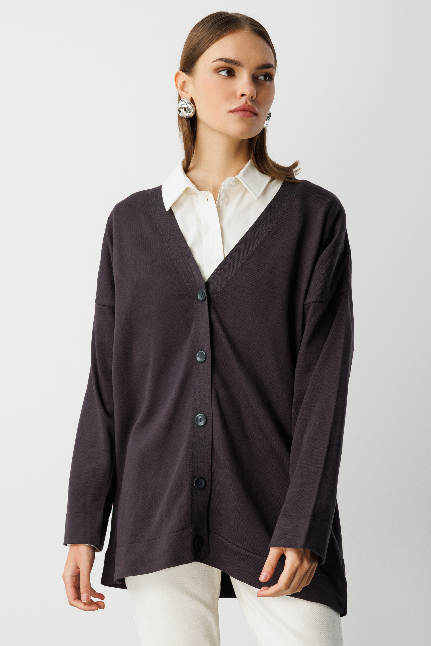 Mizalle Ekstra Oversize Düşük Kol Basic Antrasit İnce Triko Hırka