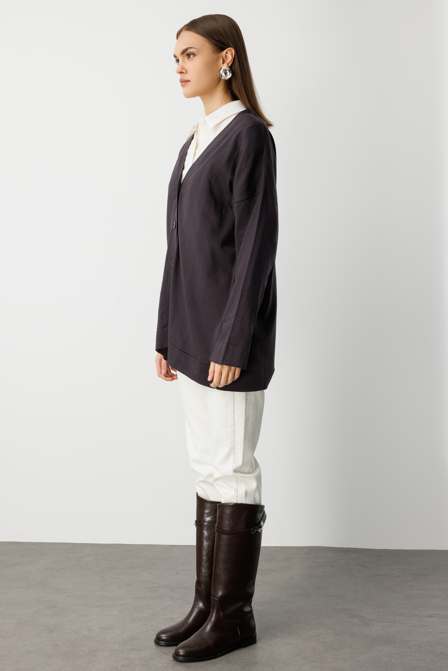 Mizalle Ekstra Oversize Düşük Kol Basic Antrasit İnce Triko Hırka