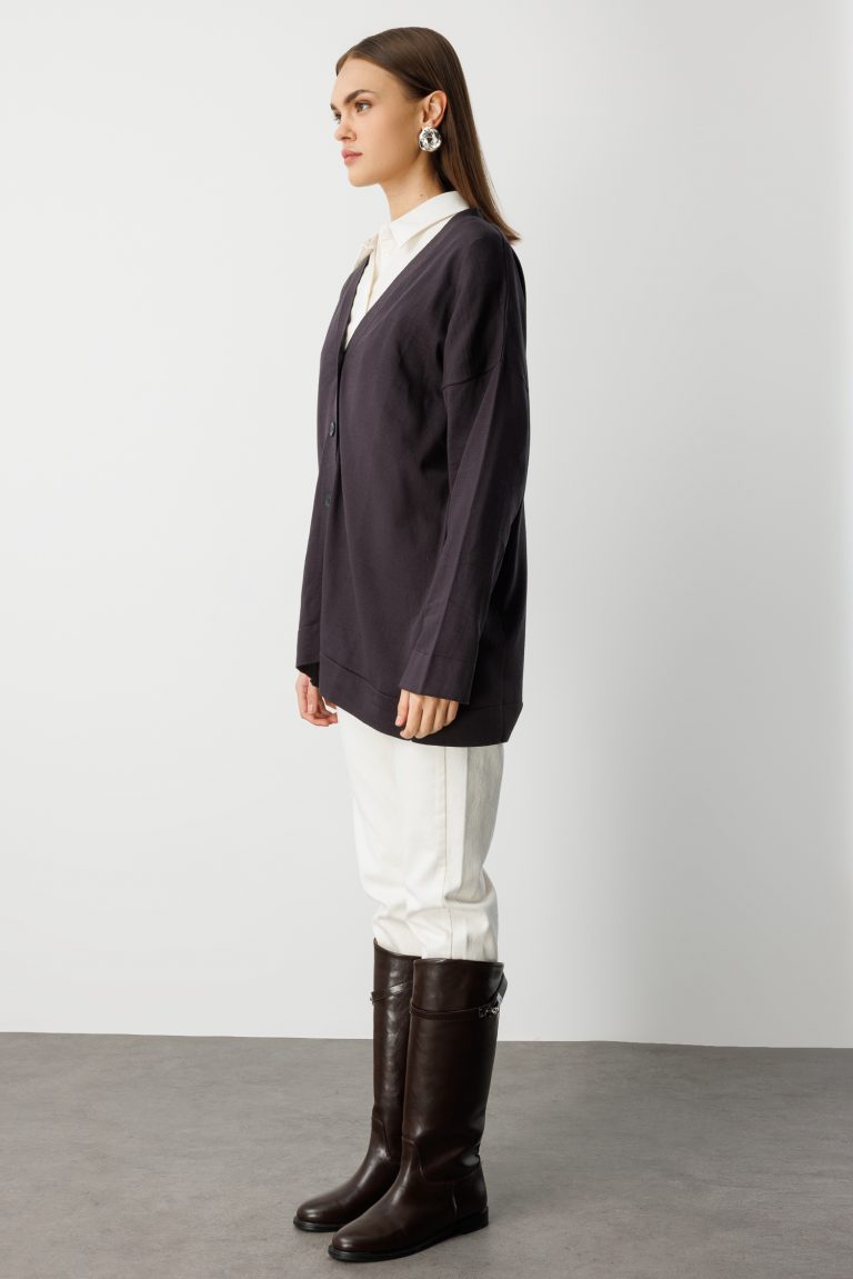 Mizalle Ekstra Oversize Düşük Kol Basic Antrasit İnce Triko Hırka - Mizalle