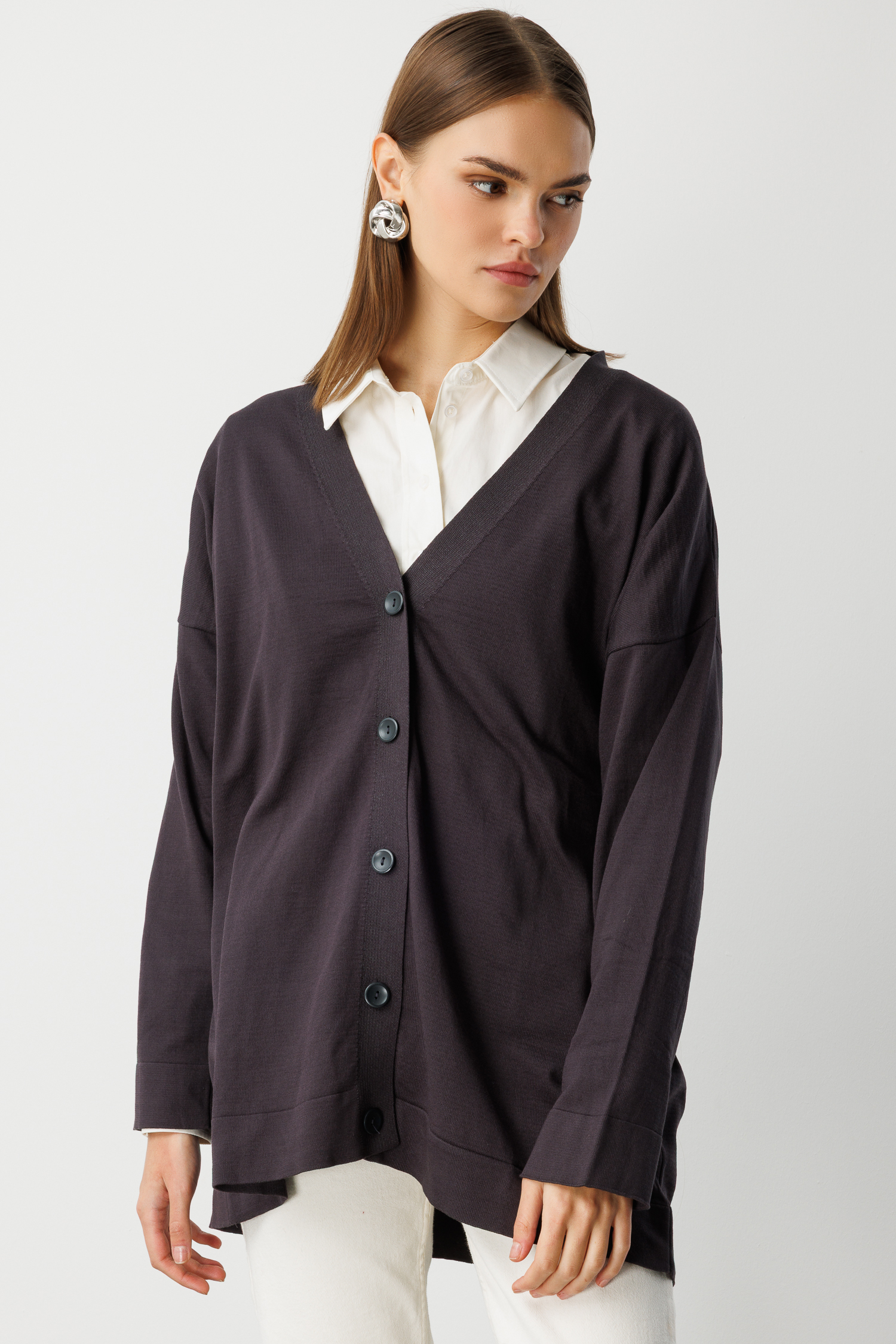 Mizalle Ekstra Oversize Düşük Kol Basic Antrasit İnce Triko Hırka