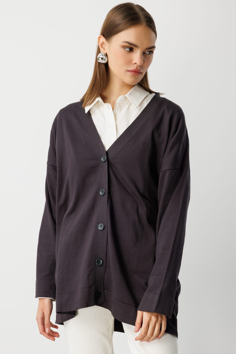 Mizalle Ekstra Oversize Düşük Kol Basic Antrasit İnce Triko Hırka - Mizalle