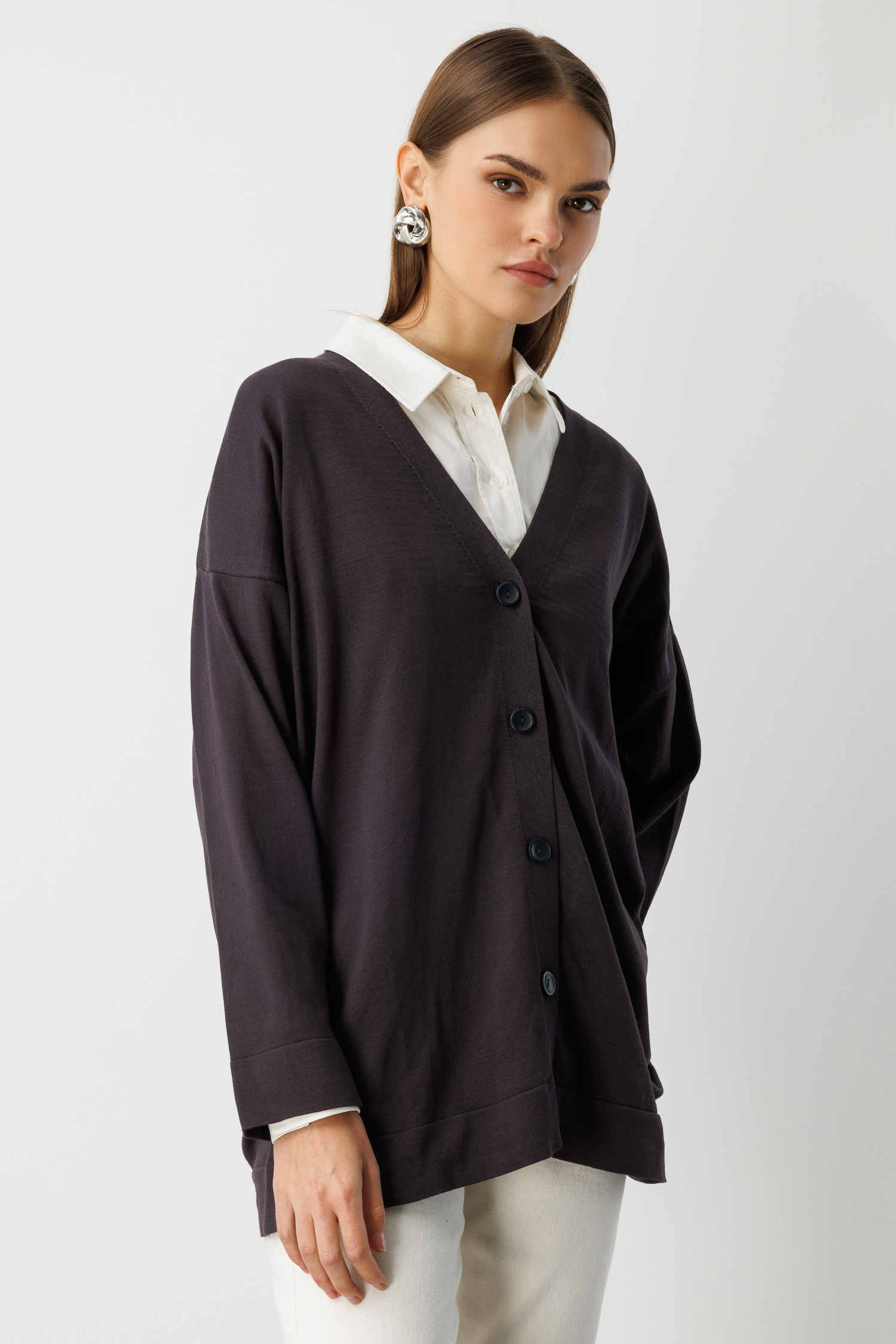 Mizalle Ekstra Oversize Düşük Kol Basic Antrasit İnce Triko Hırka