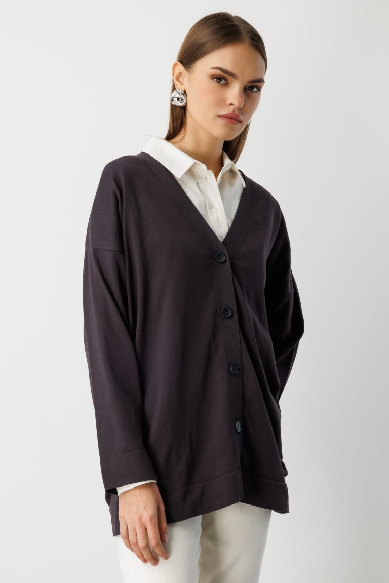 Mizalle Ekstra Oversize Düşük Kol Basic Antrasit İnce Triko Hırka - Mizalle