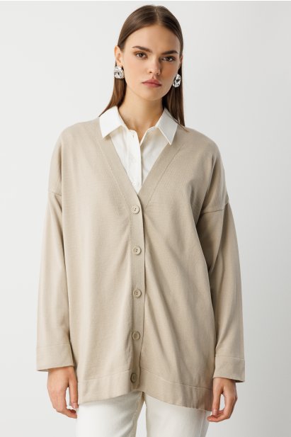 Mizalle Ekstra Oversize Düşük Kol Basic Bej Rengi İnce Triko - Mizalle