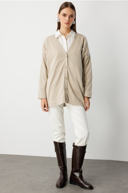 Mizalle Ekstra Oversize Düşük Kol Basic Bej Rengi İnce Triko Hırka - Mizalle