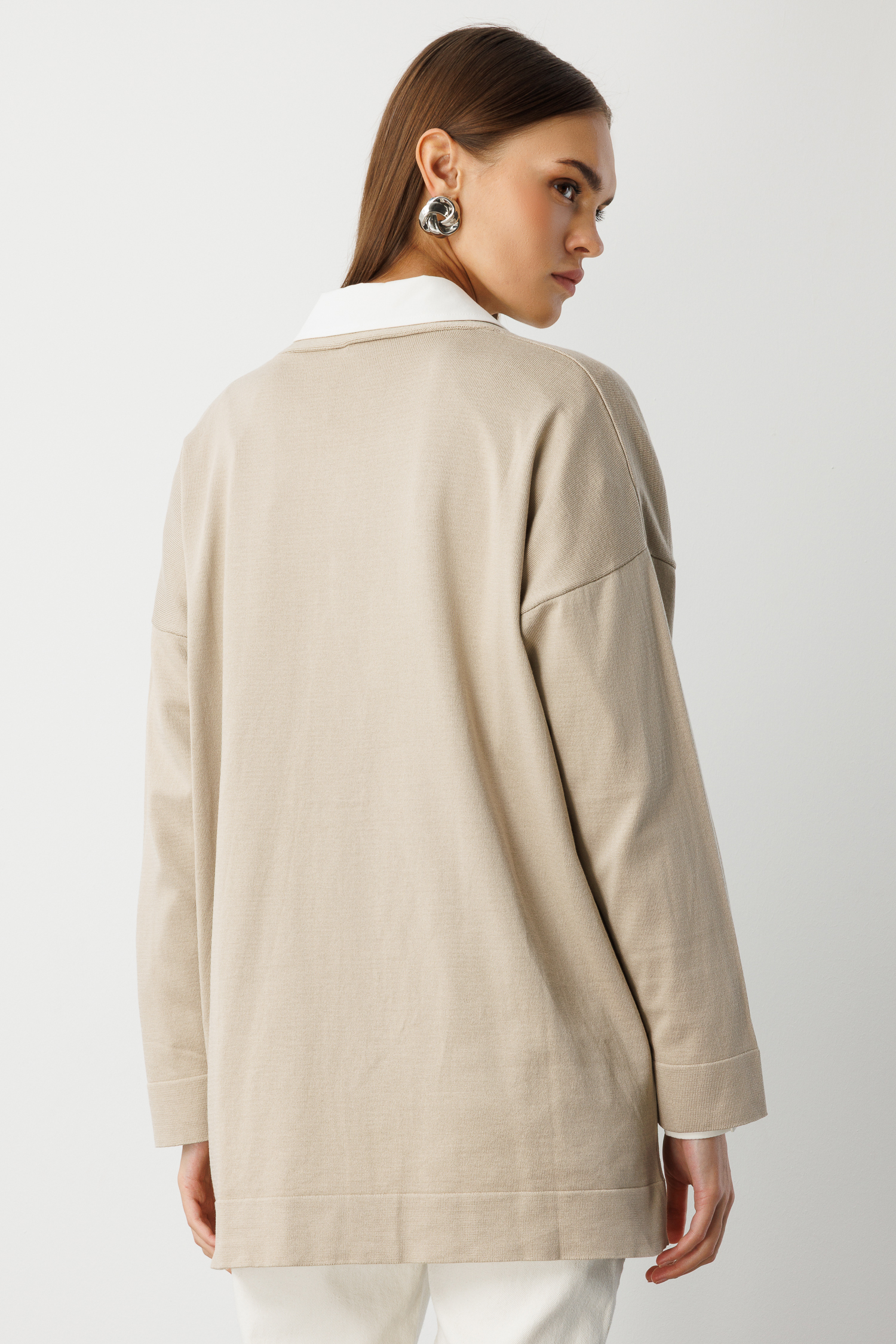 Mizalle Ekstra Oversize Düşük Kol Basic Bej Rengi İnce Triko Hırka