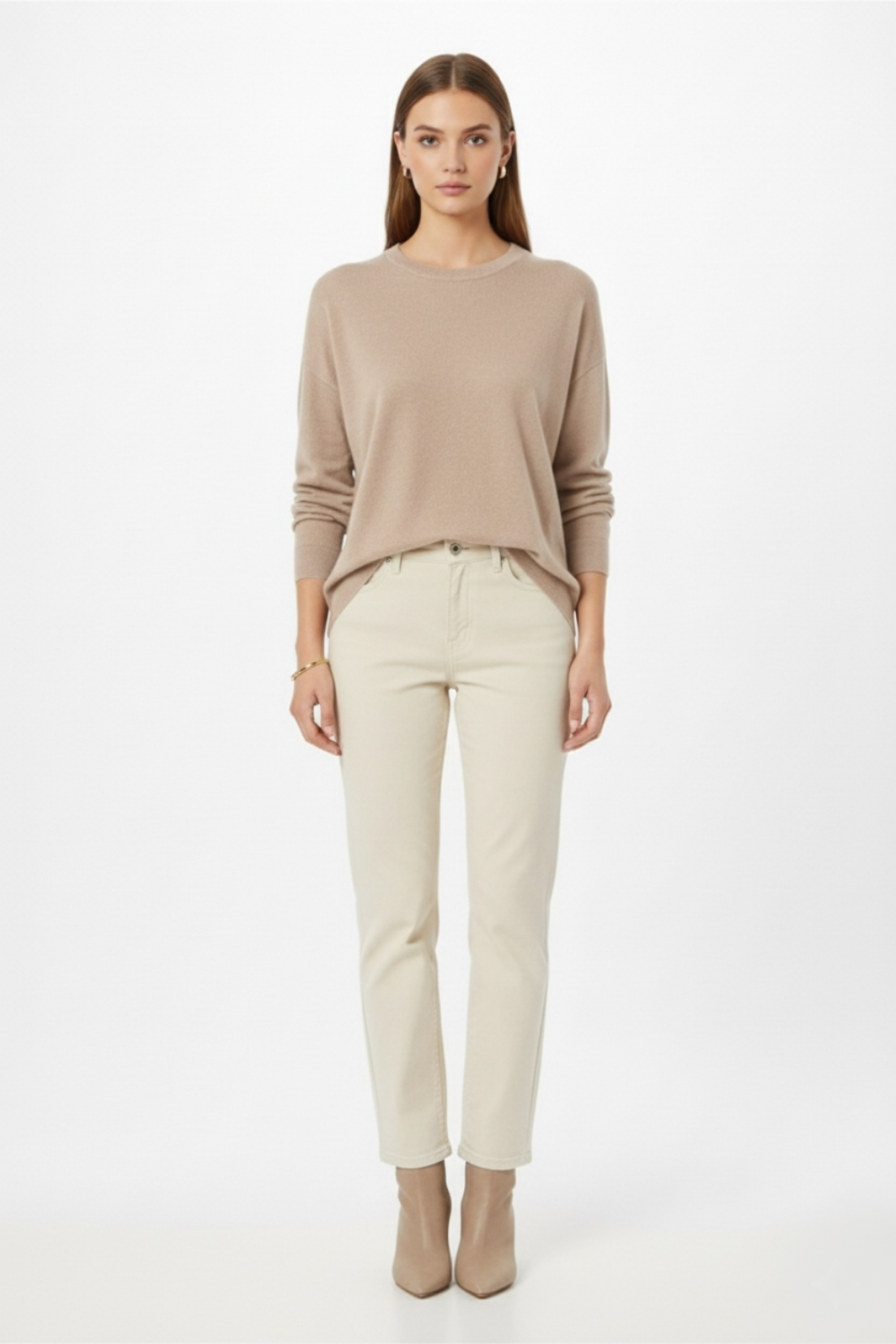 Mizalle Ekstra Oversize Düşük Kol Basic Bej Rengi İnce Triko Kazak - Mizalle