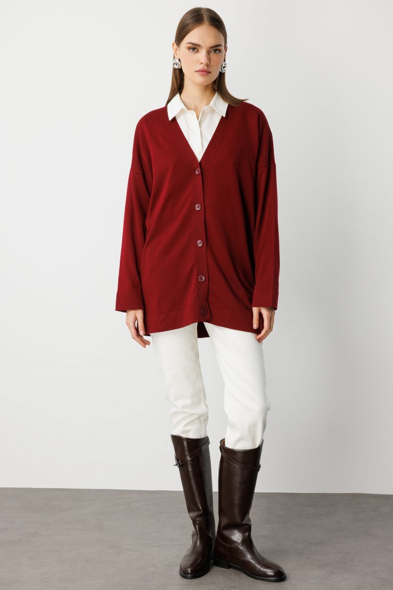 Mizalle Ekstra Oversize Düşük Kol Basic Bordo İnce Triko Hırka - Mizalle