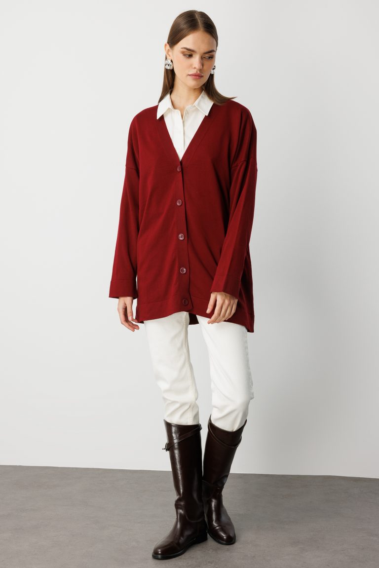 Mizalle Ekstra Oversize Düşük Kol Basic Bordo İnce Triko Hırka - Mizalle