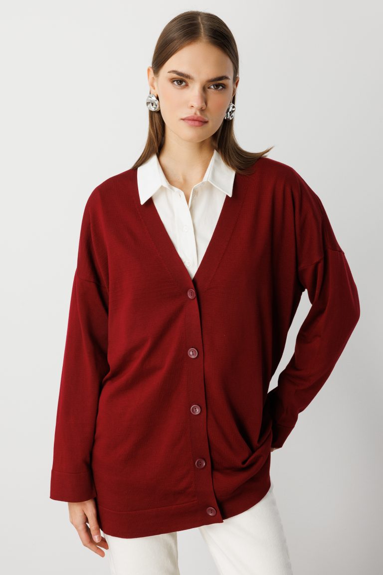 Mizalle Ekstra Oversize Düşük Kol Basic Bordo İnce Triko Hırka - Mizalle