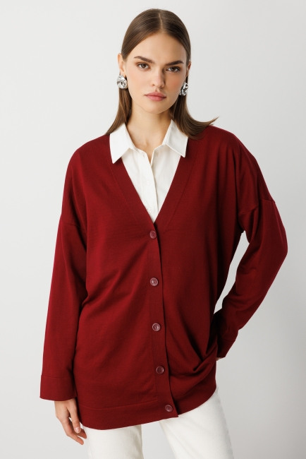 Mizalle - Mizalle Ekstra Oversize Düşük Kol Basic Bordo İnce Triko Hırka