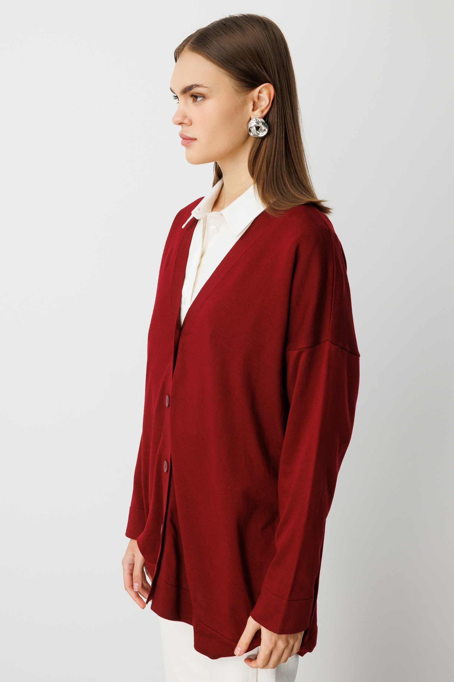 Mizalle Ekstra Oversize Düşük Kol Basic Bordo İnce Triko Hırka