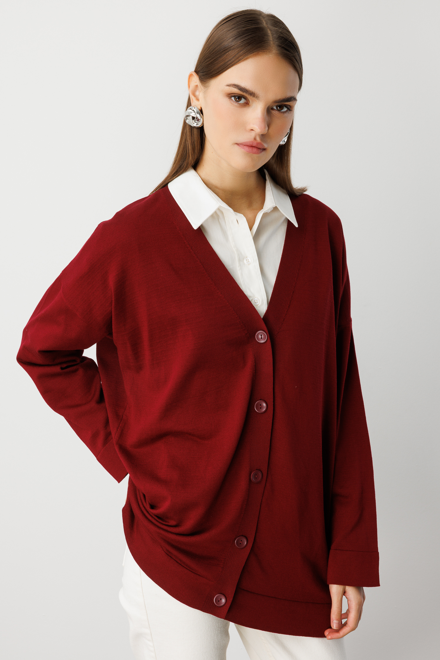 Mizalle Ekstra Oversize Düşük Kol Basic Bordo İnce Triko Hırka