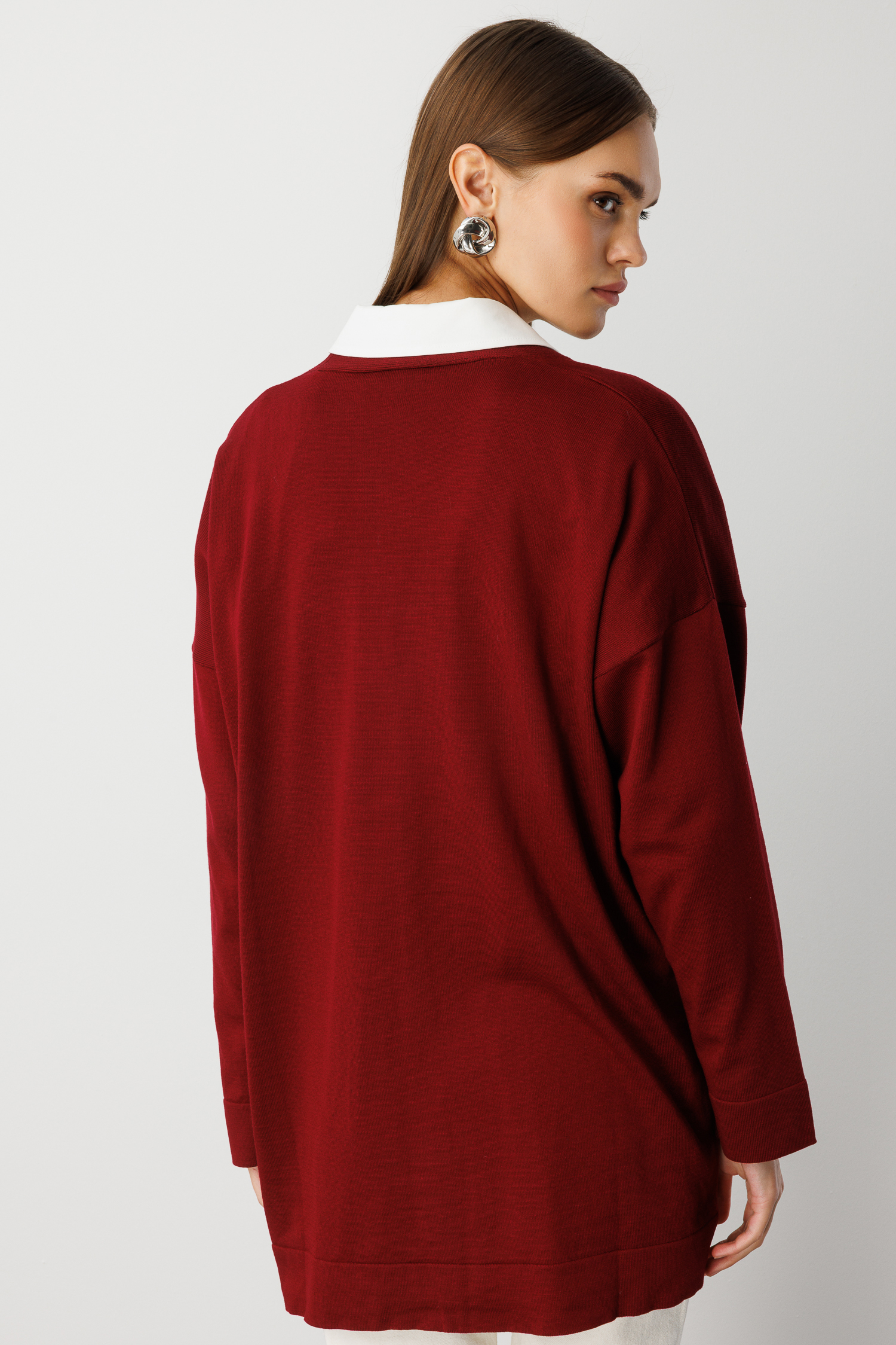 Mizalle Ekstra Oversize Düşük Kol Basic Bordo İnce Triko Hırka