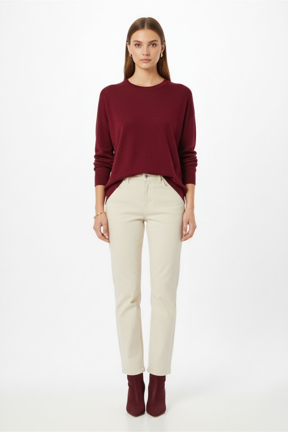 Mizalle Ekstra Oversize Düşük Kol Basic Bordo İnce Triko Kazak - Mizalle