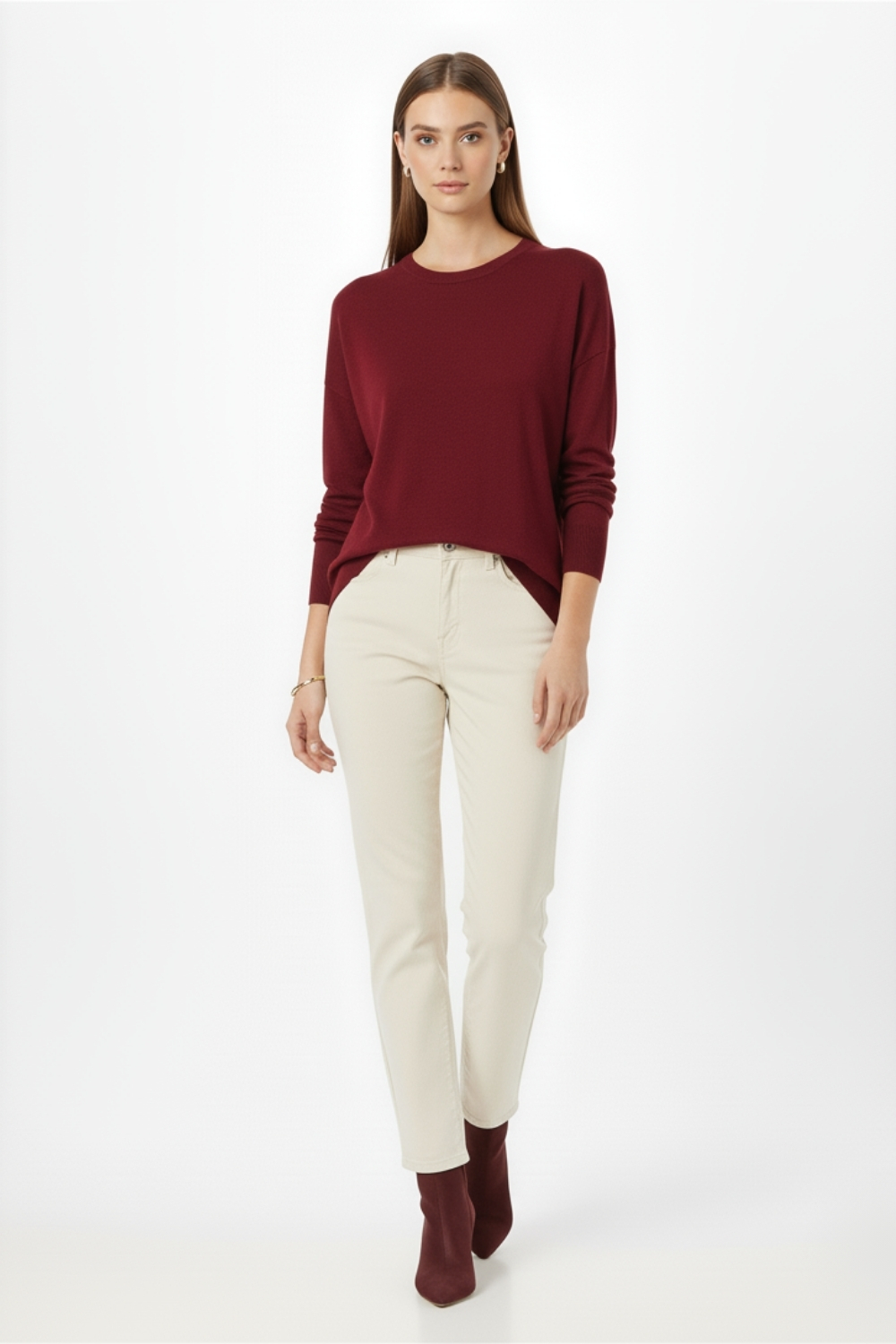 Mizalle Ekstra Oversize Düşük Kol Basic Bordo İnce Triko Kazak - Mizalle