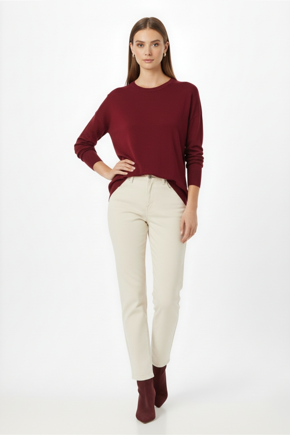 Mizalle Ekstra Oversize Düşük Kol Basic Bordo İnce Triko Kazak - Mizalle