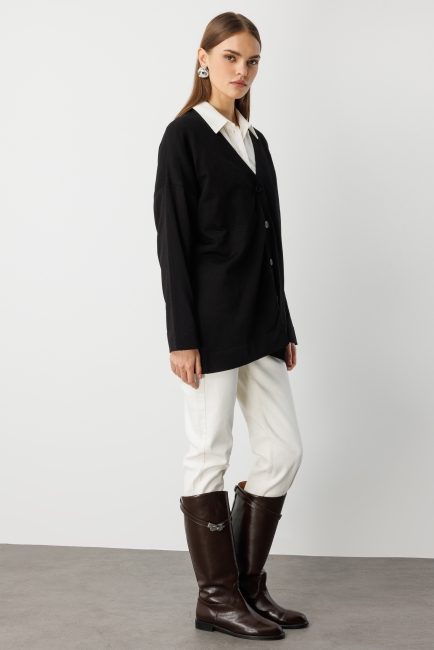 Mizalle - Mizalle Ekstra Oversize Düşük Kol Basic Siyah İnce Triko Hırka