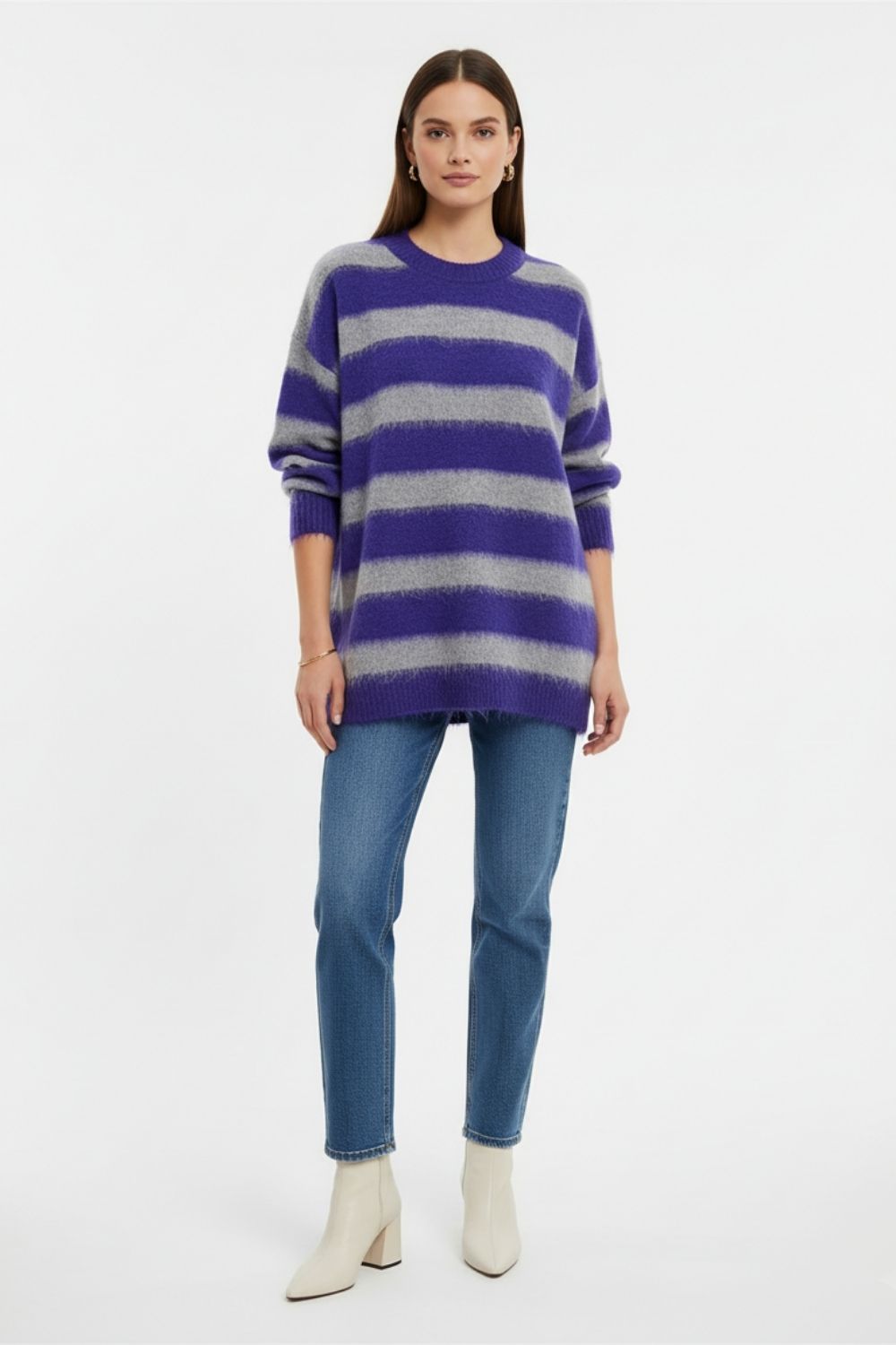 Mizalle Ekstra Oversize Düşük Kollu Gri- Mor Tüylü Triko Kazak - Mizalle