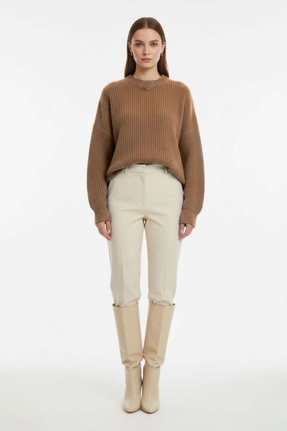 Mizalle Ekstra Oversize Düşük Kollu Selanik Örgü Camel Kazak - Mizalle