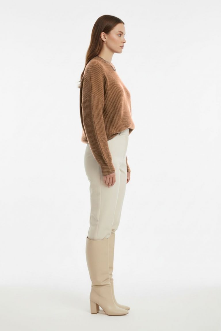 Mizalle Ekstra Oversize Düşük Kollu Selanik Örgü Camel Kazak - Mizalle