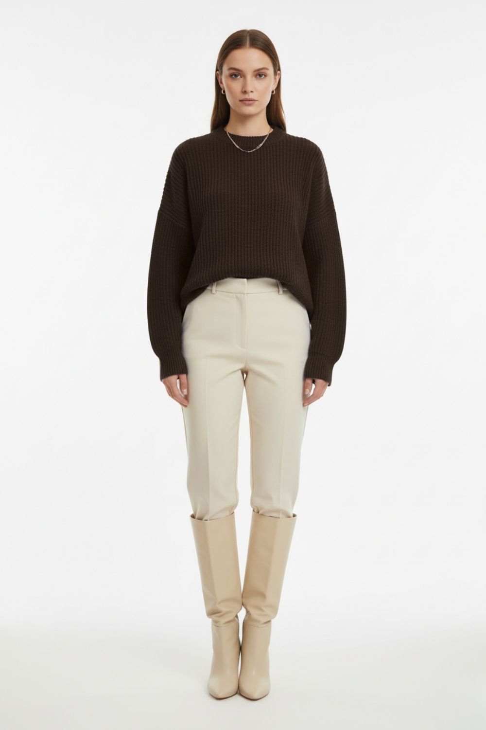 Mizalle Ekstra Oversize Düşük Kollu Selanik Örgü Kahverengi Kazak - Mizalle