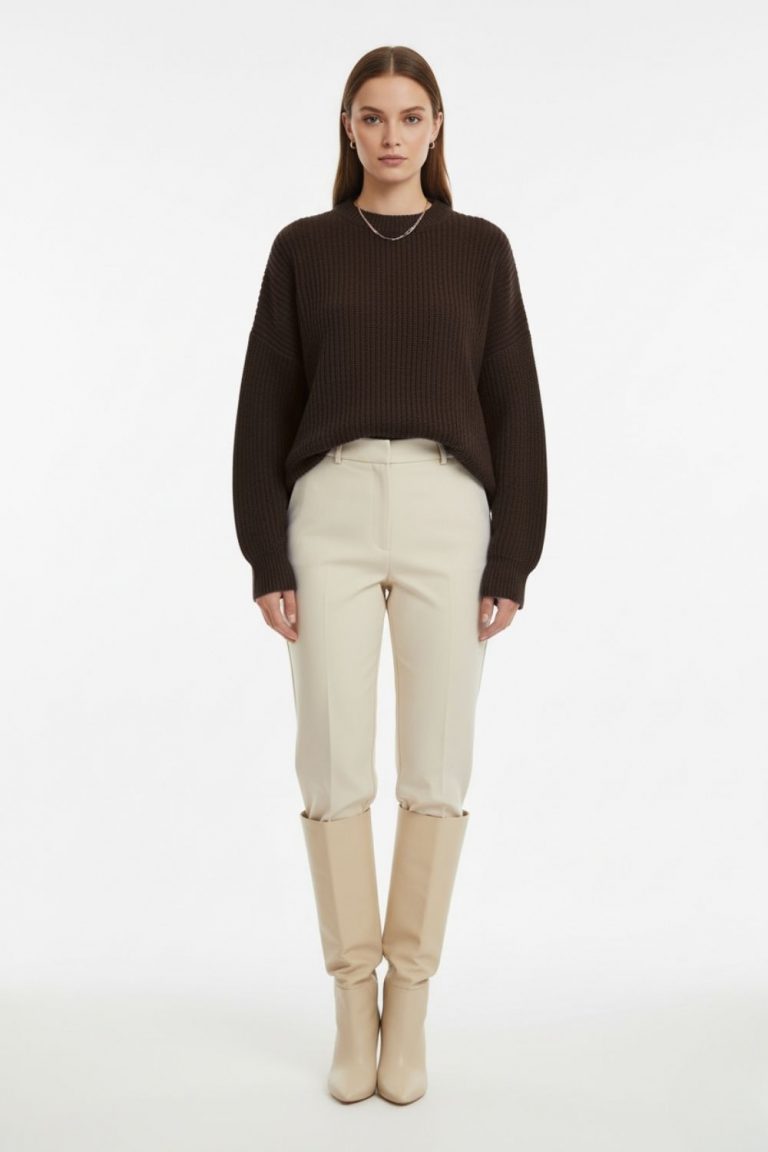 Mizalle Ekstra Oversize Düşük Kollu Selanik Örgü Kahverengi Kazak - Mizalle